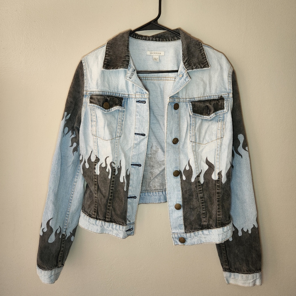 CUSTOM BLACK FLAME painted Boston Proper pale Denim Jacket